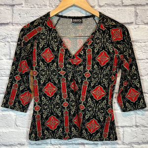 3/$15 Vintage 90s 2000s Baranda Black Red Diamond 3/4 Sleeve Shirt V Neck Small